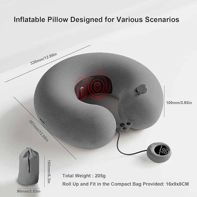 Inflatable Massage Travel Pillow for Airplane, Inflatable Travel Pillow with 6 Massage Modes and Compact Bag, U Shaped Neck Pillow for Airplane, Traveling, Train, Car, Sleeping, Office
