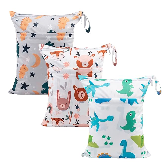 babygoal Wet Dry Bags for Baby Cloth Diapers, Washable Travel Bags, Beach, Pool, Gym Bag for Swimsuits & Wet Clothes with Two Zippered Pockets 3 Pack, 3LN23