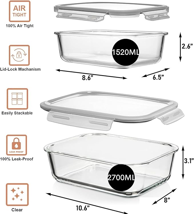 Razab 4 Pc (2700ML/ 91 Oz & 1520ML/ 51 Oz) Airtight Large Glass Food Storage Containers with Lids - BPA Free, Leak Proof Meal Prep Containers (2 Containers + 2 Lids) Microwave, Oven & Freezer Safe