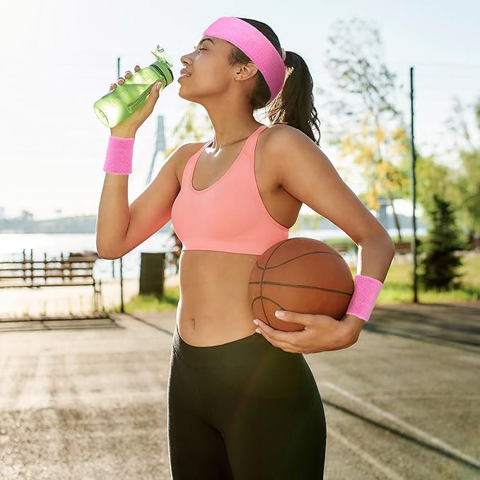 24 Pieces 80s Neon Sweatbands Set, Include 8 Sports Headbands and 16 Sweat Wristbands Elastic Athletic Tennis Sweat Bands Bulk for Man Woman