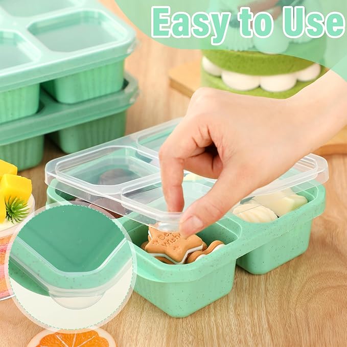 12 Pcs 4 Divided Compartments Snack Containers Bento Wheat Straw Snack Box with Lid Reusable Meal Prep Lunch Box Food Storage Containers for Adults Travel Work (Green)