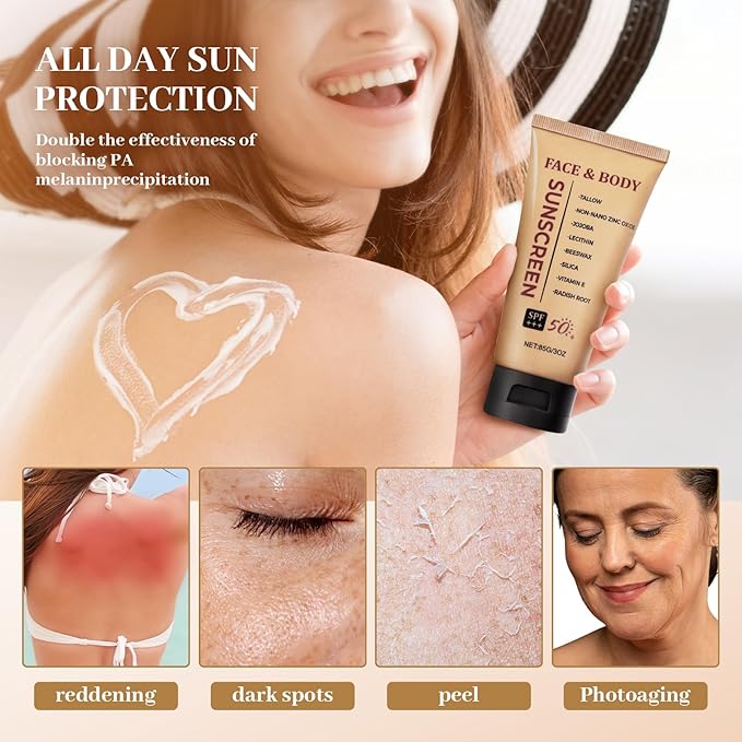 Tallow Sunscreen Grass-Fed Beef Tallow Sunscreen with Non Nano Zinc Oxide SPF50 Mineral Natural Sunblock for Face and Body Non-Greasy, 3 OZ