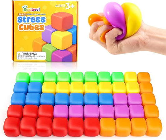 Mini 50 Pack Slow Rising Stress Cube, Dough Stress Balls Soft Fidget Squishy Toys for Anxiety Relief, Pull Stretch Fidgets for Classroom Prize, Bulk Toys Classroom Reward for Student Teacher