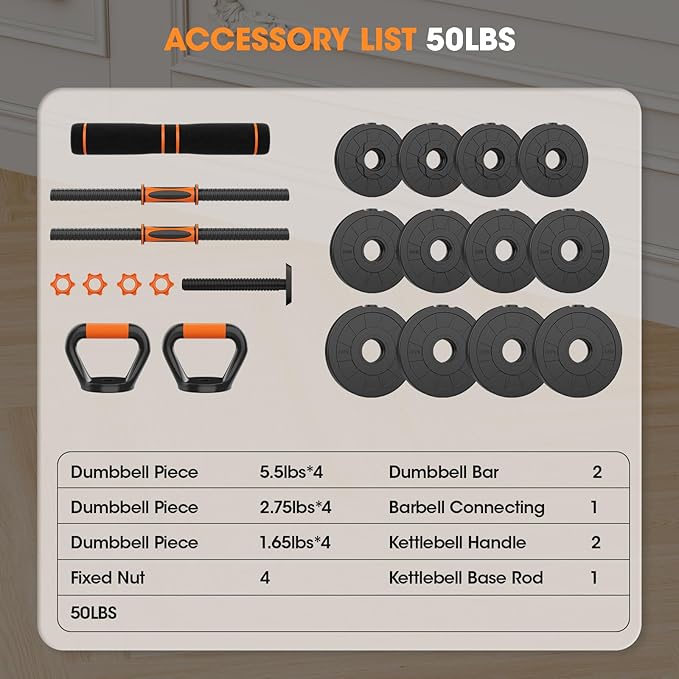 Adjustable Dumbbell Set 20LBS/50LBS/70LBS/90LBS Free Weights Dumbbells,4 in1 Weight Set,Dumbbell, Barbell, Kettlebell, Push-up, Home Gym Fitness Workout Equipment for Men Women