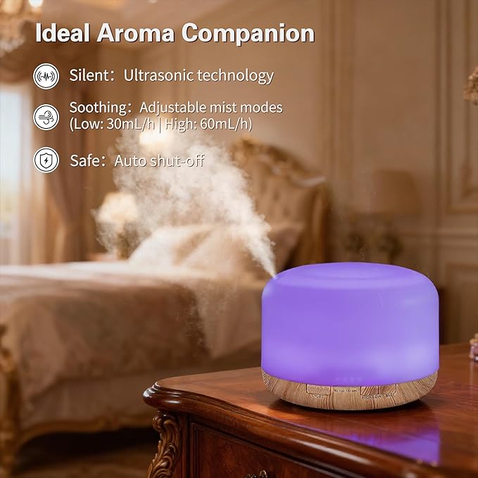 500ML Essential Oil Diffuser, Home Aroma Diffuser, Humidifier for Bedroom Large Room, Quiet 5-in-1 Humidifier: 7 Color LED, 2 Mist Mode, Remote Control, Timer, Waterless Auto Off-Wood Bottom
