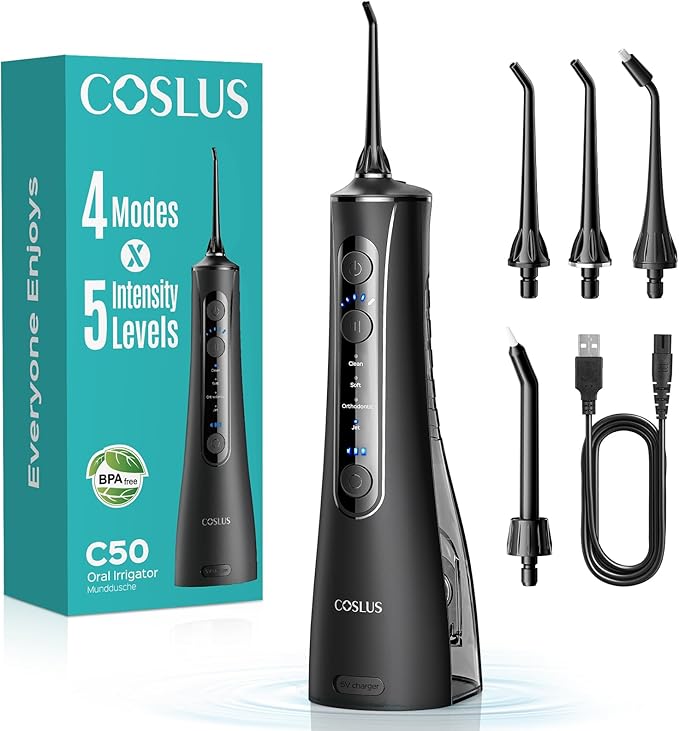 COSLUS Portable Water Flosser for Teeth: 4 Modes & 5 Intensity Levels Professional Electric Dental Pick for Sensitive Gums, Braces & Orthodontic - Cordless for Travel Use, for Adults, BPA-Free, Black