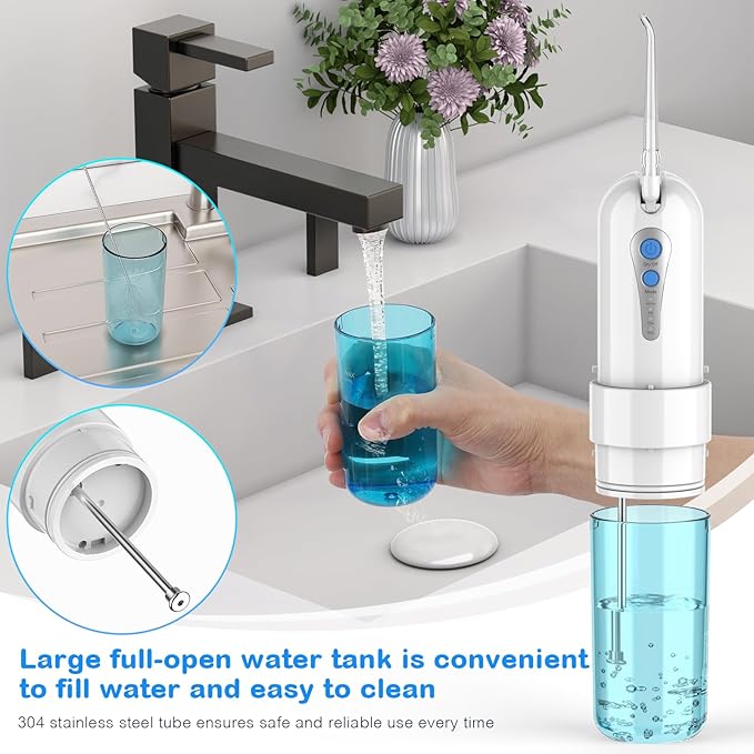 Water Dental Flosser for Teeth Cleaning and Flossing with Travel Size Case โ Rechargeable Oral Irrigator, KOOVON Portable Water Flosser for Adults, IPX7 Waterproof, 5 Jet Tips & 4 Modes, Blue