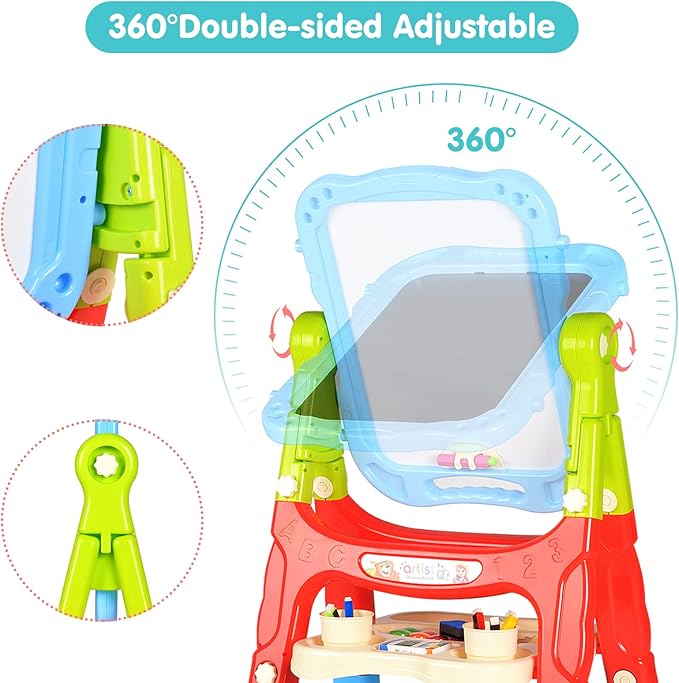 Amagoing Easel for Kids, Adjustable Standing Art Easel for Toddler, Double Side Drawing Board with Painting Accessories, Learning Toy Gift for Little Boys Girls Age 3 4 5, Blue