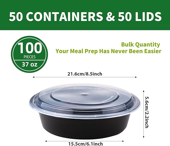 Round Meal Prep Containers with Lids, 50 Pack 37oz (100-Piece) Disposable Leakproof Take Out Food Storage Containers, Plastic To Go Lunch Boxes, BPA Free, Microwave/Dishwasher/Freezer Safe