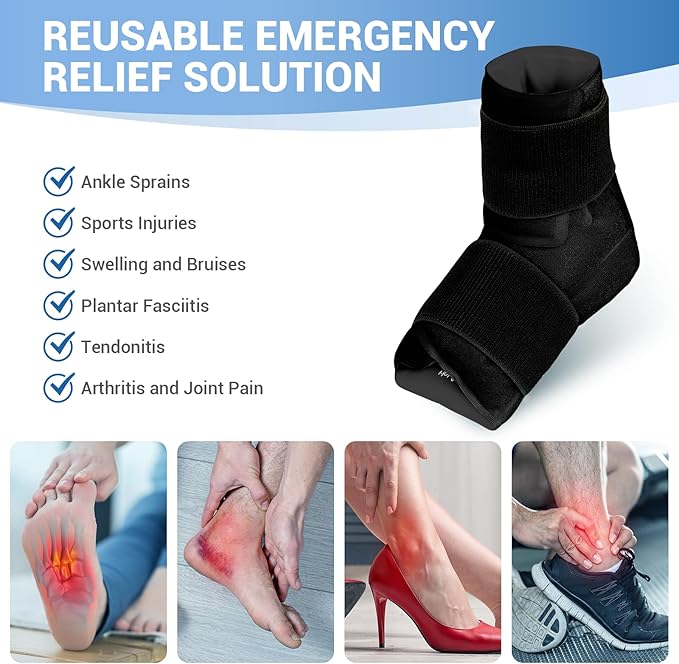 Comfytemp Large Ankle Foot Ice Pack Wrap for Plantar Fasciitis Relief, Feet Brace for Sprained Ankle, Heel Spur, Swelling, Tendonitis, Pain, Hot & Cold Therapy, Surgery Get Well Gift, 1 Pack (Black)