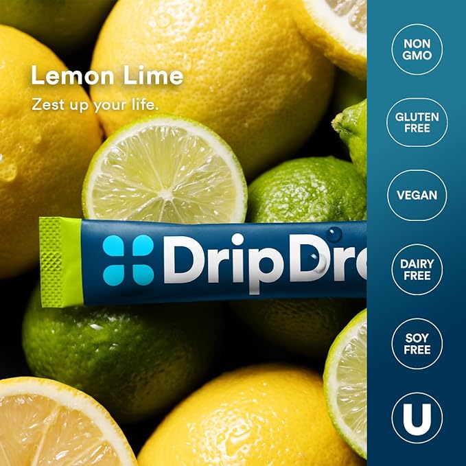 DripDrop Hydration Packets - Lemon Lime - Single Serve Electrolytes Powder Drink Mix - Non-GMO, Gluten Free, Vegan - 32 Sticks