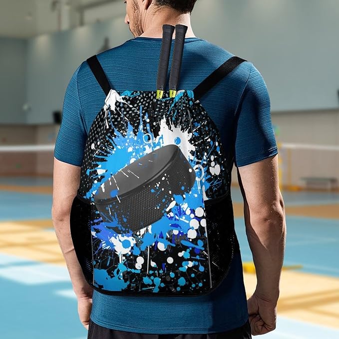 Hockey Drawstring Backpack - Cool Cinch Sack, String Backpacks with Pocket for Kids Women Men Boys Girls for Gym Outdoor Sports Travel Athletic Drawstring Bag - Lightweight/Foldable