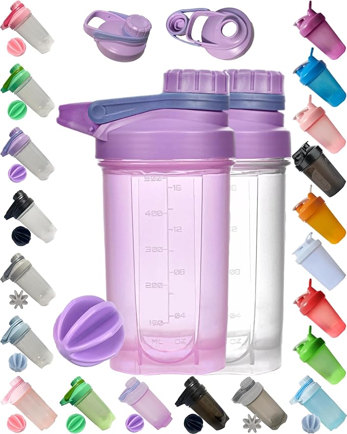 Shaker Bottle Perfect Nutrition w. New Whisk Ball Blender,Full Body for Microwave Heating(No Metal,BPA Free),Moden Loop Top,Dishwasher Safe,Leak Proof,Protein Powder/Fruit Juice Mixer 16oz(Purple)