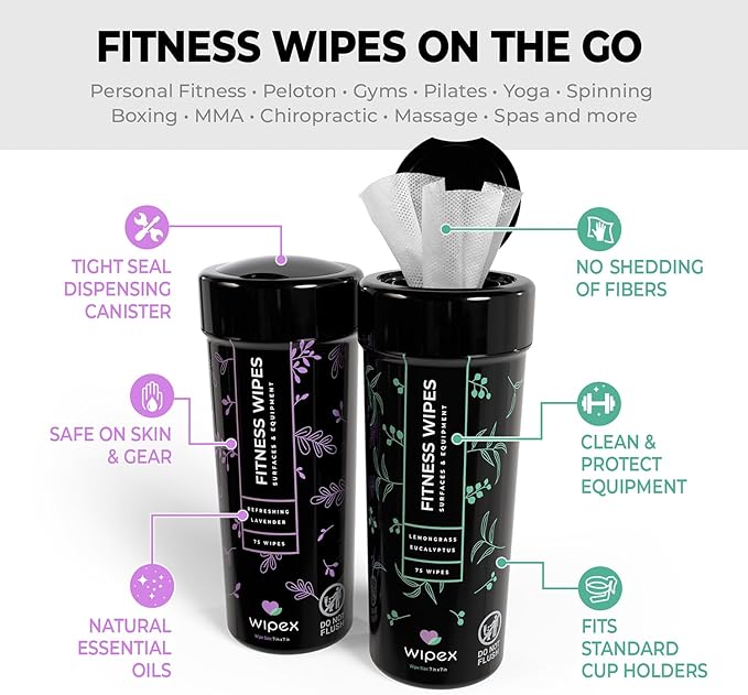 Wipex Screen Wipes & Gym Wipes Combo Pack - 75ct Gym Equipment Canister & 24ct Individually Wrapped Fitness Touch Screen Cloths, Safe for Yoga Mats & Electronics, Lavender Scent