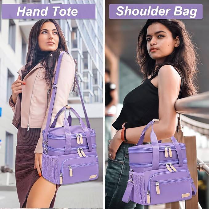 Weitars Insulated Lunch Box for Women Men-Dual Compartment Waterproof Reusable Large Lunch Bag Wide-Open Tote Cooler Bag for Working Picnic Hiking (15L) (Purple)
