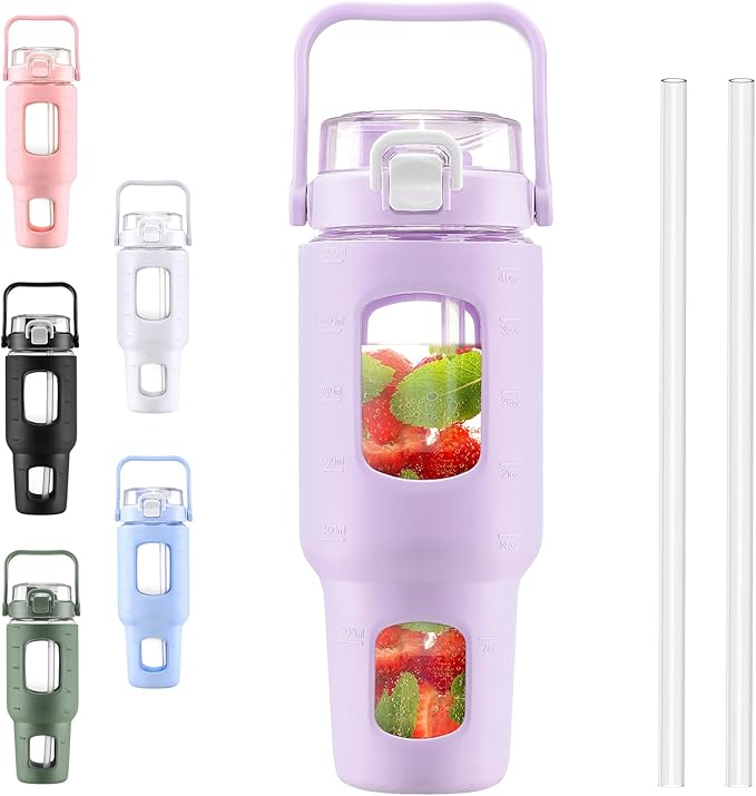 BLUEGO 40 oz Glass Water Bottles with Straw Time Marker, Glass Tumbler with Handle Top Lids, Easy to Clean, Fits in Car Cup Holder, Leakproof Jug for Gym, Sports, Workout & Daily, Purple