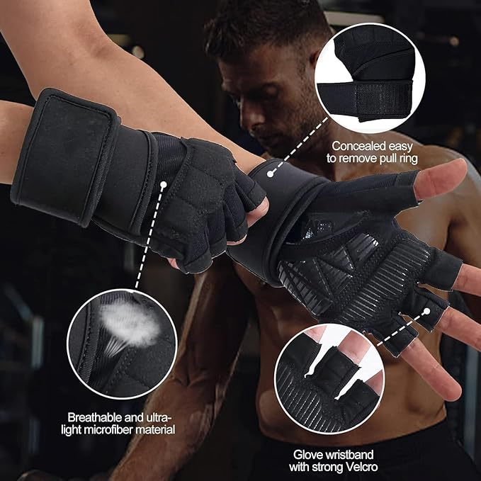 Workout Gloves for Men and Women Gym Weight Lifting Padded Gloves with Wrist Wrap Support, Full Palm Protection & Silicone Grip, Cross Training, Fitness, Pull-up