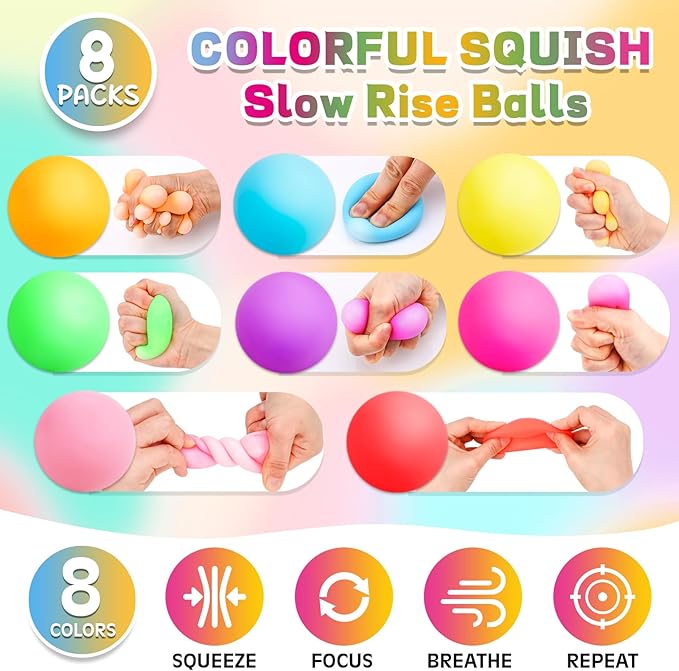 8 Pack Slow Rising Stress Ball,Stress Balls for Kids Adults,Stretchy Fidget Toys for Anxiety Relief,Hand Therapy Sensory Squishy Ball,Squishy Toys,Treasure Prize Box Toys for Kids Classroom