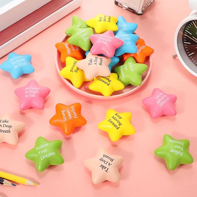 Aoriher 60 Pcs Motivational Stress Balls Quotes Inspirational Funny Colorful Foam Balls Hand Exercise Stress Relief Gifts for Office Small Anxiety Toys for Motivating Encouraging Supply(Star)