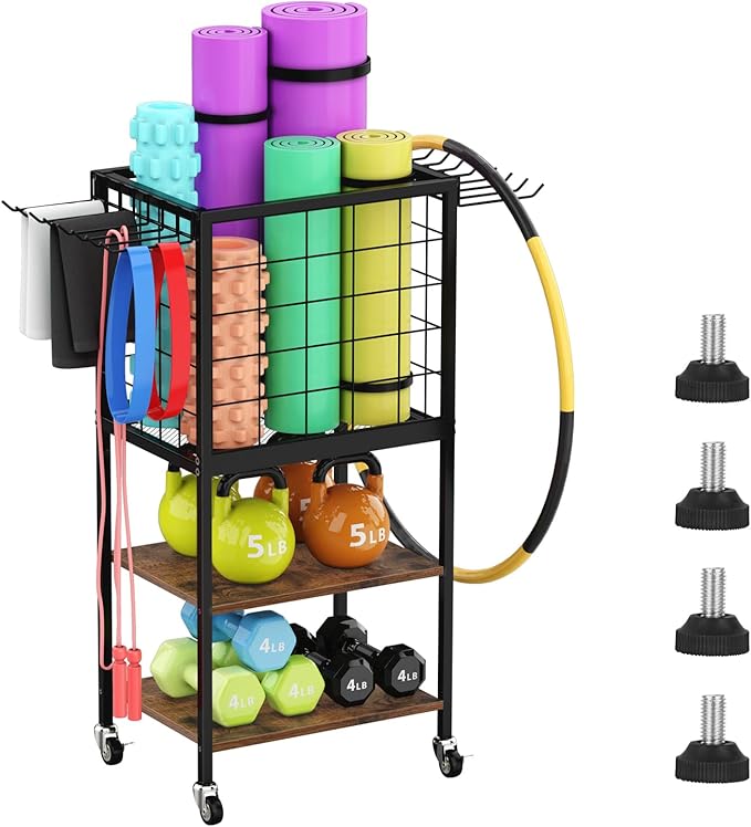 Dumbbell Rack for Home Weight Rack for Home Gym Yoga Mat Storage Rack Black Workout Equipment Storage Organizer with Hooks Yoga Mat Holder with Wheels for Yoga Block, Dumbbell, Resistance Band