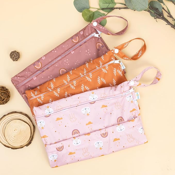 babygoal Wet Dry Bags for Baby Cloth Diapers, Washable Travel Bags, Beach, Pool, Gym Bag for Swimsuits & Wet Clothes with Two Zippered Pockets 3 Pack, 3LN15