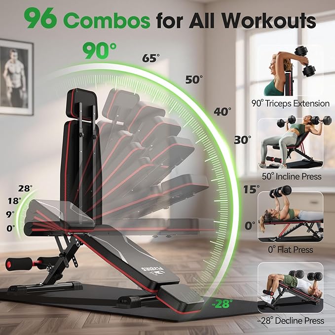 FLYBIRD Adjustable Weight Bench Fits up to 6'5'', 750LBS Capacity for Full Body Workout, 27LBS Sturdy Foldable Bench Press for Home Gym, 5X Stable Lifting Bench Incline Decline Flat Dumbbell Exercise