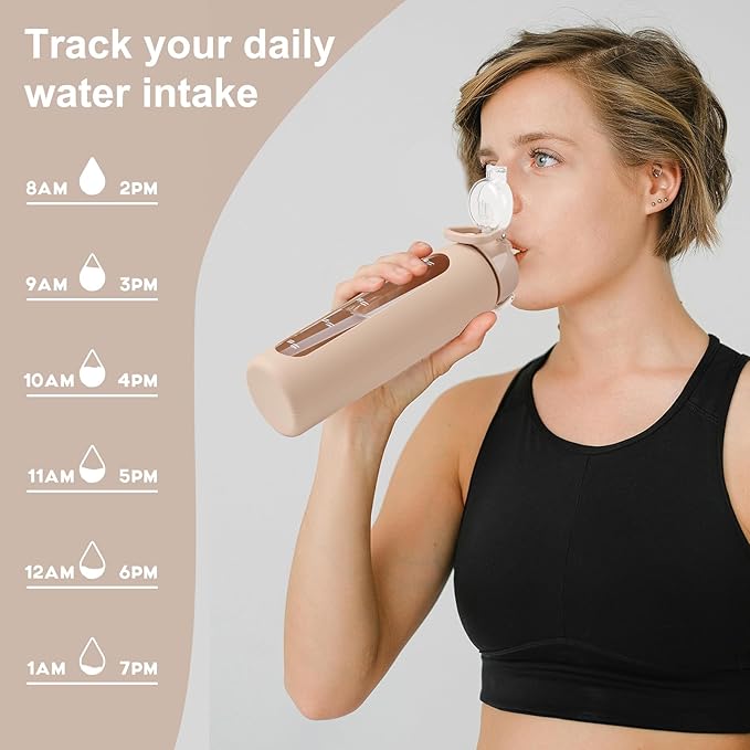 24 oz Glass Water Bottles with 2 Lids-Handle Spout Lid & Straw Lid, Motivational Water Bottle with Time Marker and Silicone Sleeve,Leakproof-Amber-1 Pack