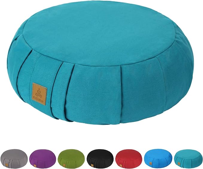 Round Zafu Meditation Cushion, D=15" H=5.5" Zabuton Meditation Pillow, Yoga Bolster/Pillow, Floor seat, Zippered Organic Cotton Cover, Natural Buckwheat, Kneeling Pillow