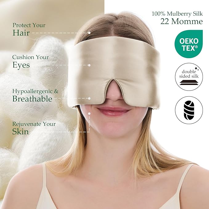 100% Mulberry Silk Sleep Mask, Large Size Travel Eye Masks for Side Sleepers, Adjustable Sleeping Mask for Women and Men, 100% Blackout Eye Mask for Sleeping Champagne