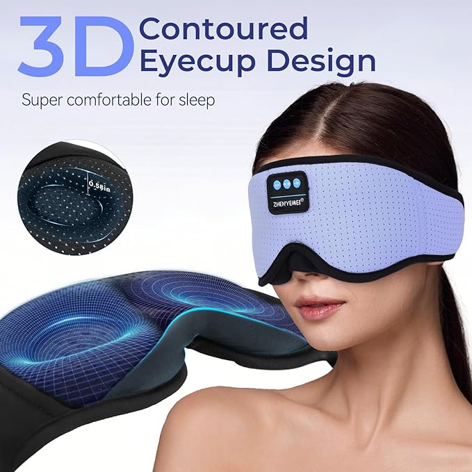 3D Sleep Mask with Bluetooth Headphones, Breathable Cotton Sleeping Headphones for Side Sleepers, Wireless Music Eye Mask with Timer, Gifts for Men Women, Purple