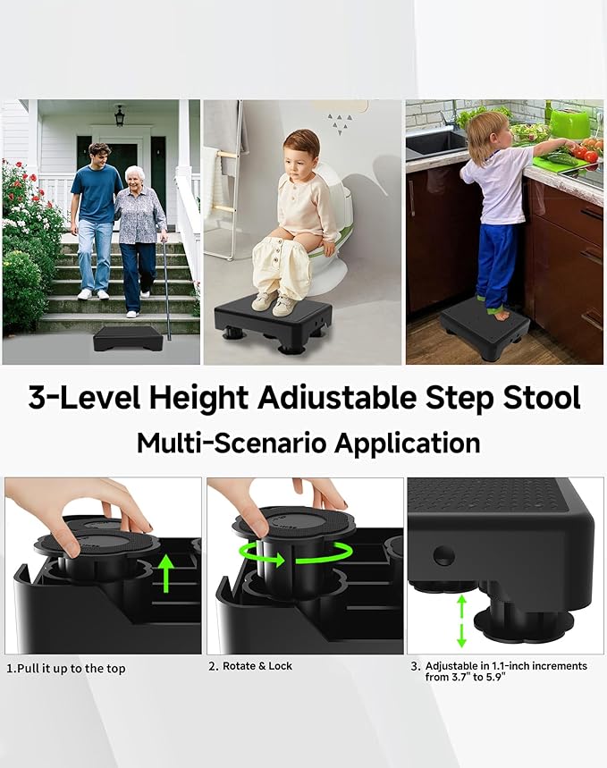 Adjustable Step Stool for Adults, Toddler Step Stools, 600 LBS Capacity Non-Slip Safety Step Platform for Elderly, Portable Stair Assist for Cars, Bedside, Kitchen, and Shower, Black