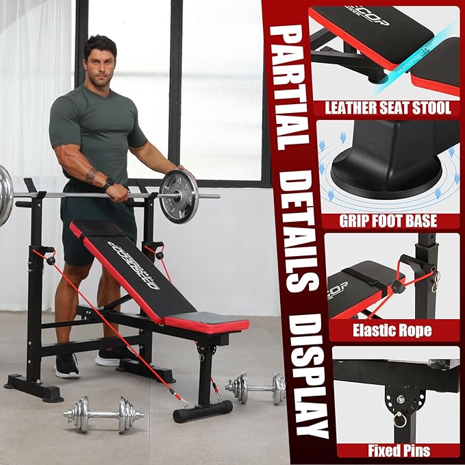 OPPSDECOR 660lbs 6 in 1 Weight Bench Set with Squat Rack, Workout Bench with Leg Extension Preacher Curl Rack Multi-Function Bench Press Set for Home Gym, ZWX1113 New Version Weight Bench