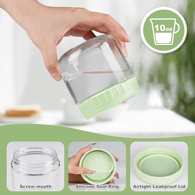 Overnight Oats Containers with Lids, 10oz Glass Jars with Lids 8 pcs, Light Green, Wide Mouth Mason jars for Salad, Yogurt, Snacks, Meal Prep