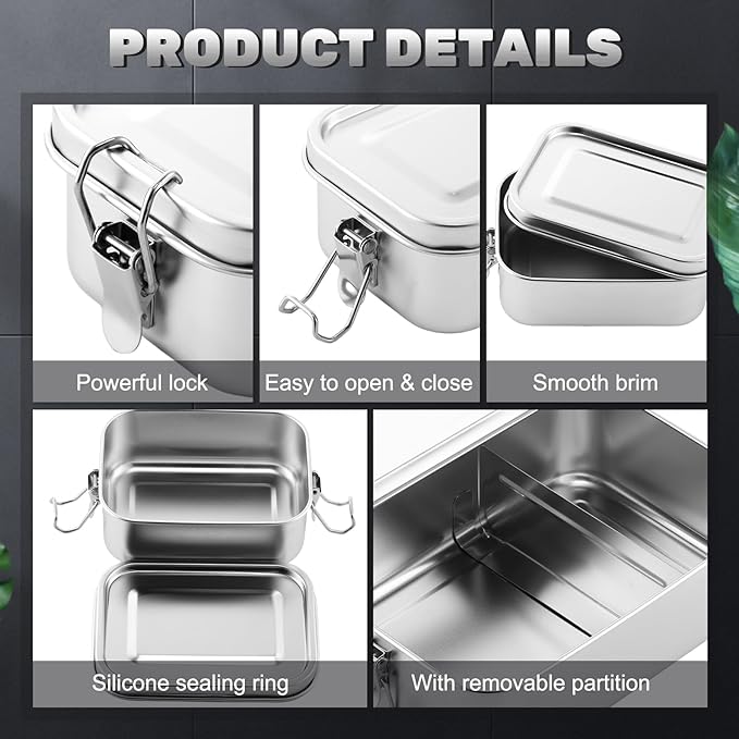 Umigy 3 Pcs Stainless Steel Food Containers Metal Bento Lunch Box Stainless Steel Food Storage Containers, Lockable Clips to Leak Proof, Reusable Dishwasher Snack Boxes for Work, Picnic (3 Sizes)