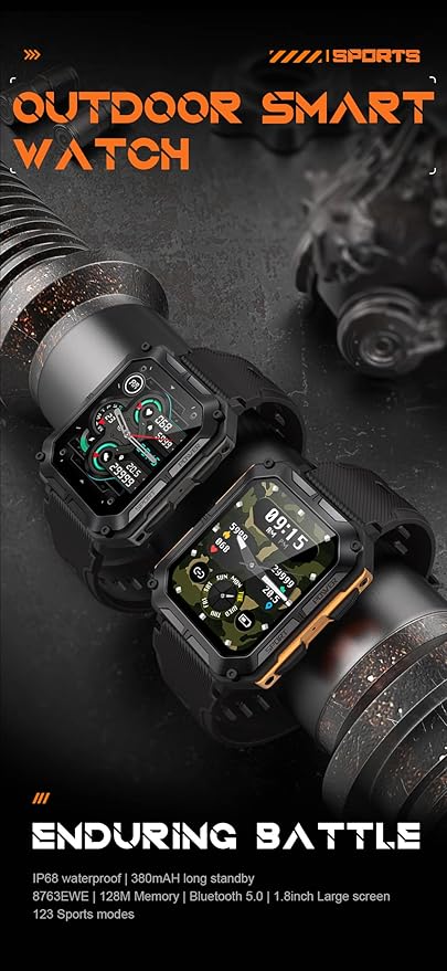 Gravity C20 Pro 1.83" Rugged Smartwatch, IP68 Waterproof, Bluetooth Call, AI Voice, 100+ Sports Modes, Heart Rate & Sleep Monitoring, Shockproof, Fitness Tracker for iOS & Android (Black)