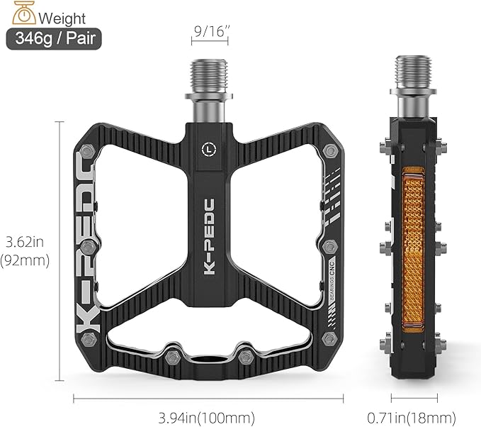 Mountain Bike Pedals MTB Pedals,Bicycle Pedals with Reflectors,Aluminum 9/16" 3 Sealed Bearing Lightweight Platform for Mountain Bike, BMX, Road Bike Pedals