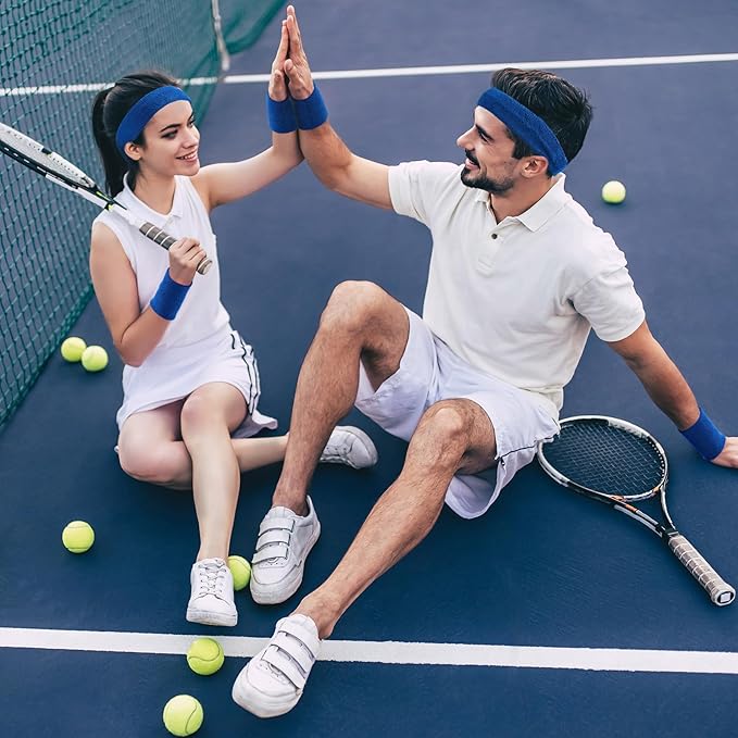 24 Pieces 80s Neon Sweatbands Set, Include 8 Sports Headbands and 16 Sweat Wristbands Elastic Athletic Tennis Sweat Bands Bulk for Man Woman