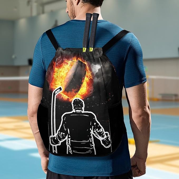 Hockey Drawstring Backpack - Cool Cinch Sack, String Backpacks with Pocket for Kids Women Men Boys Girls for Gym Outdoor Sports Travel Athletic Drawstring Bag - Lightweight/Foldable