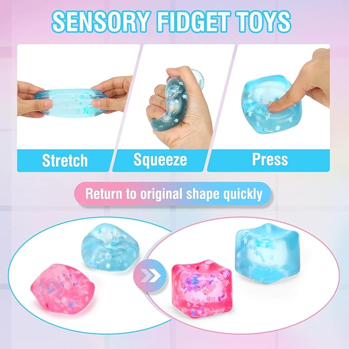 Fidget Toy for All Ages: 2 Pack Soft Sensory Fidget Ice Cube Stress Ball Squishy Cube Stress Relief Toys for Kids, Teens and Adults Party Favors, Birthday Gift for Kids Age 3+