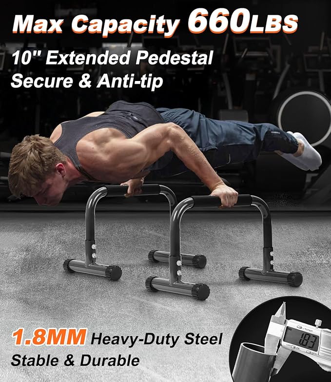 TABEKE Push Up Bar, 12" High Parallettes Bars & Dip Bar With Full-Cover Foam Handles, No Wobbling Calisthenics Equipment For Handstand, L-Sit, Gymnastics, Strength Training Home Gym