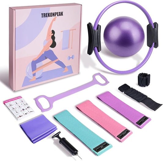 Pilates Set 10Pcs, Pilates-Ring, Wrist Ankle Weights, Small Yoga Ball with Pump, 3Pcs Booty Bands, Figure 8 & Long Resistance Bands, Pilates-Equipment Kit for Women Home Workouts Yoga