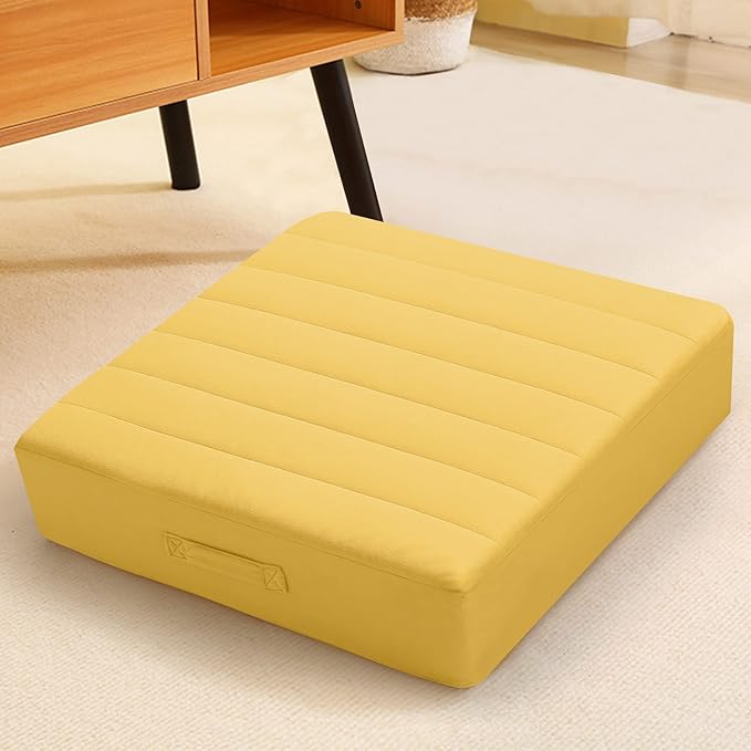 MeMoreCool Large Square Floor Pillow, Yellow Meditation Cushion with Thick Foam and Soft Tufted Washable Cover, Big Floor Seat for Adults, Kids, Sitting, and Yoga, 24-Inch