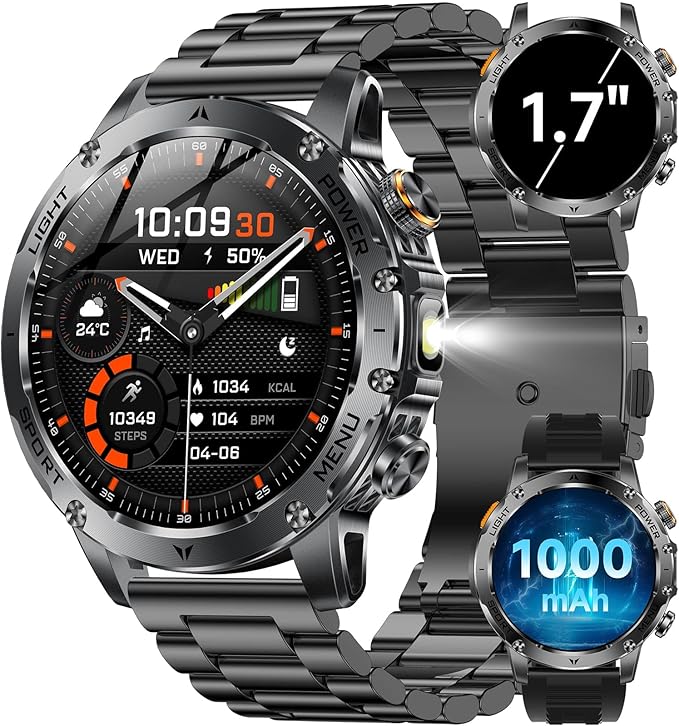 KPEP Military Smart Watches for Men, 1000mAh Battery/LED Flashlight/2 Straps/IP67 Waterproof Smartwatch, Stress/Blood Oxygen/Heart Rate/Sleep Monitor, Reminder, Fitness Tracker for iOS Android, Black