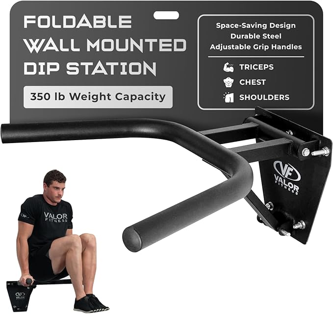Valor Fitness Wall Mount Dip Station – Heavy-Duty Foldable Triceps Dip Bars with Padded Handles for Home Gym Strength Training Workouts – Supports Up to 400 lbs
