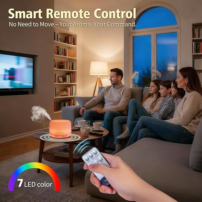 500ML Essential Oil Diffuser, Humidifiers for Bedroom, Office, Scent Diffuser for Home Hotel Spa Yoga Room with Remote Control, 7 LED Colors Light, Timer and Auto-Off Switch -White Bottom