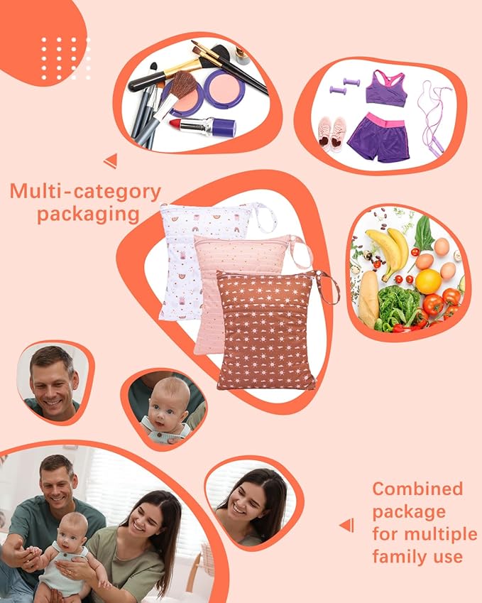 babygoal Wet Dry Bags for Baby Cloth Diapers, Washable Travel Bags, Beach, Pool, Gym Bag for Swimsuits & Wet Clothes with Two Zippered Pockets 3 Pack, 3LN16