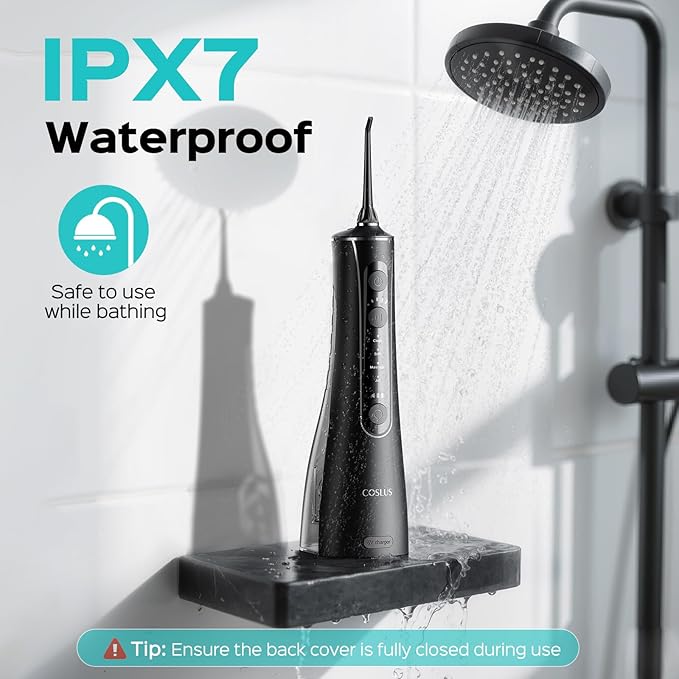 COSLUS Portable Water Flosser for Teeth: 4 Modes & 5 Intensity Levels Professional Electric Dental Pick for Sensitive Gums, Braces & Orthodontic - Cordless for Travel Use, for Adults, BPA-Free, Black