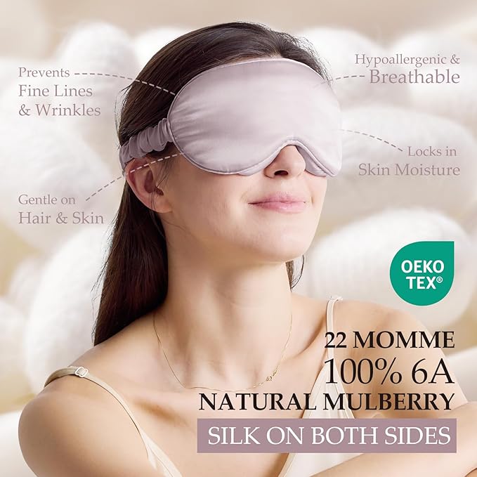 100% 22 Momme Mulberry Silk Sleep Mask with Adjustable Strap, 3D Contoured Cup Silk Eye Mask for Sleeping, Total Black Out, Dusty Purple