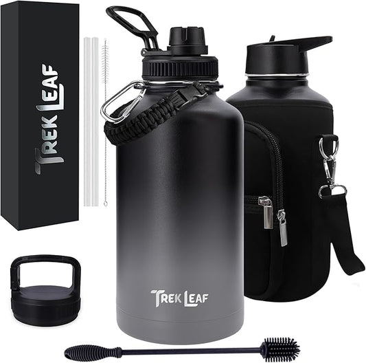Travel Water Bottle with Carrying Bag, 3 Lids (Spout, Straw, Handle), and Bottle Brush; Leak Proof, Quality, Vacuum Insulated, Stainless Steel (Charcoal Fog, 64 oz)