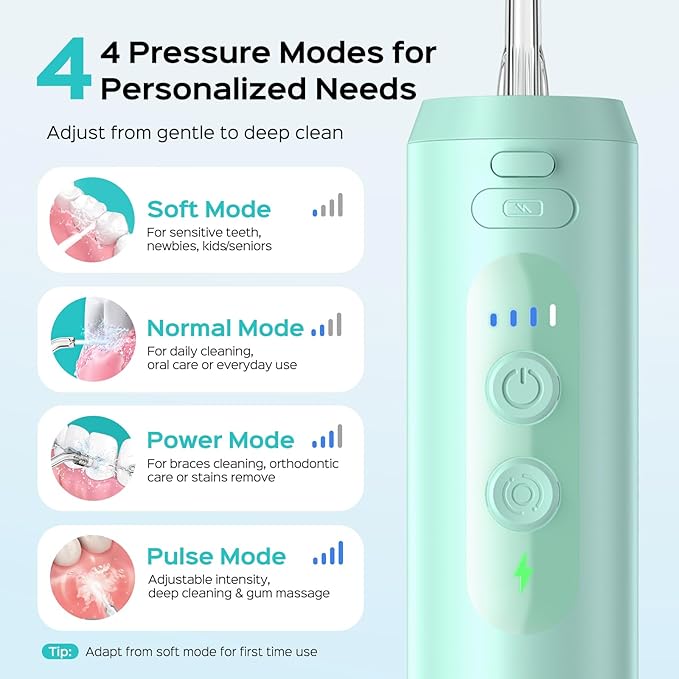 COSLUS Mini Water Flosser for Travel: Portable Lightweight Design Cordless Oral Irrigator with Removable Tank & 4 Modes, IPX7 Waterproof for Braces, Sensitive Teeth Travelers & Family Use, Green, T40